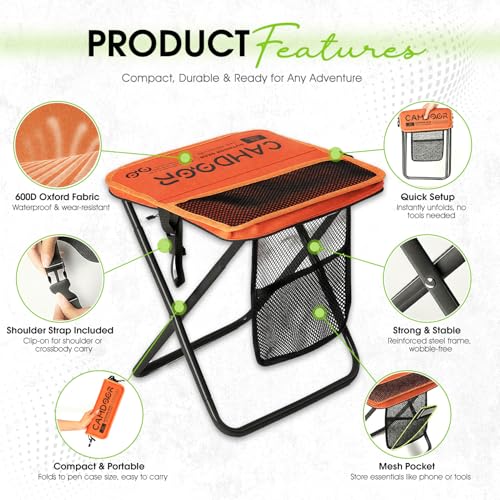 Image of CAMDOOR Portable Collapsible Stool, 16″Folding Stool with 3 Side Pockets and Shoulder Strap, Extra Large Camping Chair Supports 400 lbs, Ultralight Portable Seat for Outdoor, Hiking, Fishing