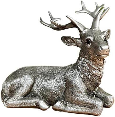 Silver Laying Stag Figurine Small Textured Resin Reindeer Deer 14cm