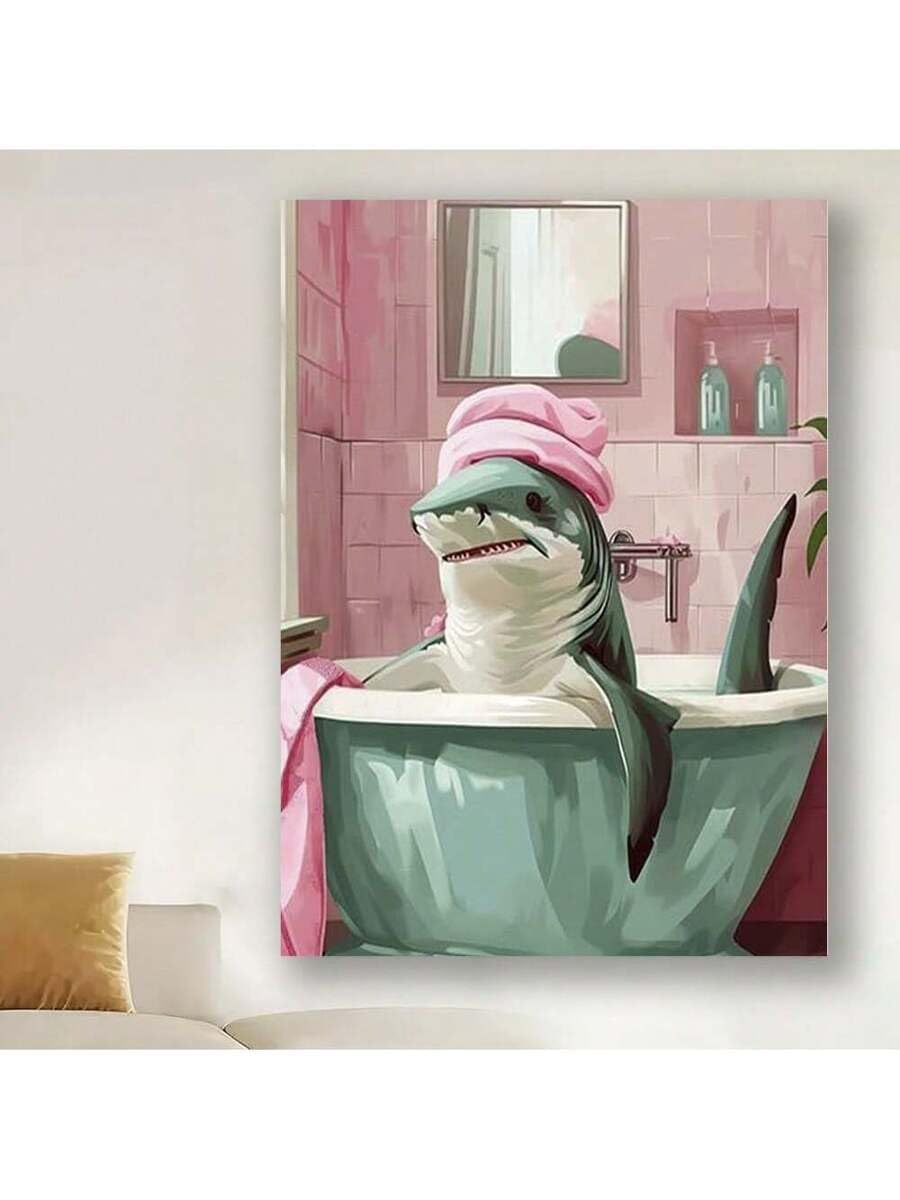 lianyibo Funny shark Bathroom Canvas Wall Art Pink Bathroom Pictures Wall Decor Abstract Print Painting Home Decor(20x30cm/Frameless)