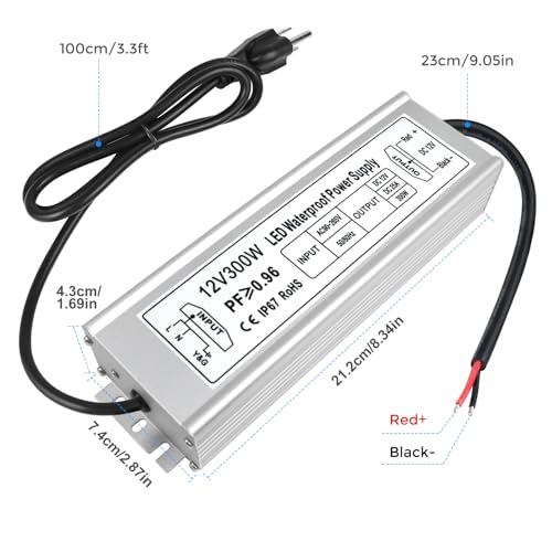 Image of LED Driver 300W 12V Power Supply, IP67 Waterproof Low Voltage Transformer, 110V AC to 12V DC Converter for Outdoor Landscape Lighting and LED Strip, with 3-Prong Plug 3.3FT Cable