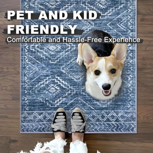 KILOCOCO Hallway Runner Rug 2x7 Runners for Hallways Washable Runner Rug Non Slip Rubber Backed Low-Pile Runners for Bedroom Kitchen Living Room Laundry Room Boho Rugs, Stonewashed Blue