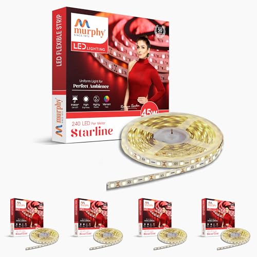 Image of Murphy 45W LED Strip Light 2835 High Lumen 5 Metre (240 LEDs /Mtr) Natural White - 12V DC 10A Driver Included | Cove /False Ceiling /Decor Light (Pack of 5, 1-Year Warranty)