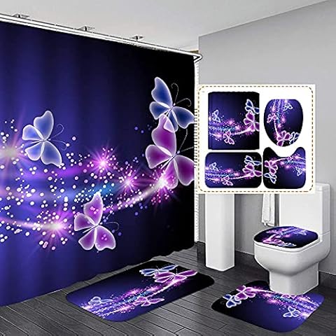 Blue Butterfly Shower Curtain Sets with Non-Slip Rugs,4 Pcs Purple Fabric Washable Bath Accessories Set with Toilet Lid Cover and Bathroom Mat,Waterproof Bath Curtains with Hooks ( (Ombre) Cover