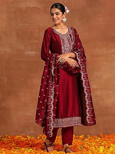 Image of INDO ERA Silk Blend Women's Embroidered Straight Kurta Trouser With Dupatta Set