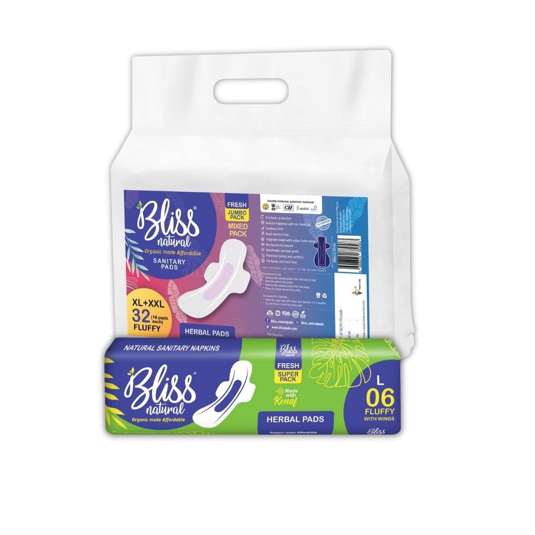 BLISSNATURAL 100% Rash Free Sanitary Pads (17 XL + 17 XXL) Pack of 34 Sanitary Napkins for Medium and Heavy Flow | Jumbo Mix Pack | Natural Plant Based Pads For Women
