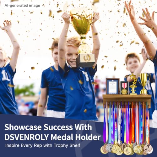 Image of Medal Holder Display Trophy Shelf Organizer, Sturdy Wooden Race Award Hanger Rack with 25 Steel Hooks, Wall Mount Storage Stand for Sports Fans, Cheer Success