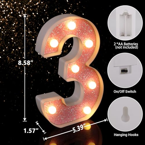 Image of LED Letter Lights Pink Glitter Marquee Letters Light Up Alphabet Letters Sign Battery Powered for Home Party Decoration Night Bar Wedding Birthday Christmas Lamp Girls Gift - Number 3