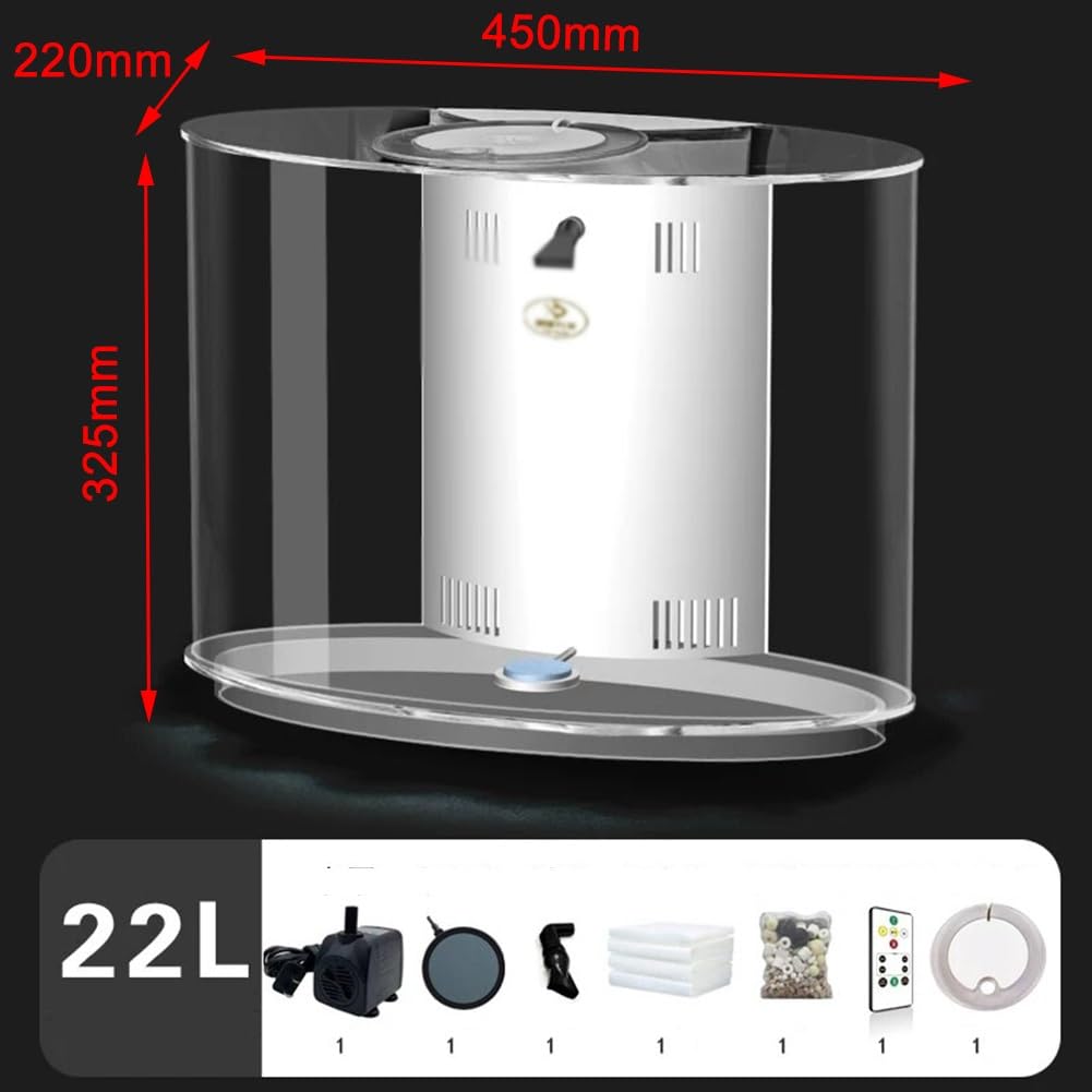 GZHERVICES Aquarium De Bureau Moderne, Petit Aquarium Ovale De 22 L avec Éclairage LED Télécommandé Et Filtre Silencieux, Aquarium Compact pour Salon, Chambre Ou Bureau(Clair)