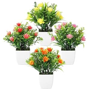 4 Pack Small Artificial Plants with Flowers – Mini Fake Potted Plants for Home Decor Indoor, Office Desk, Bathroom, Shelf, Table Decorations