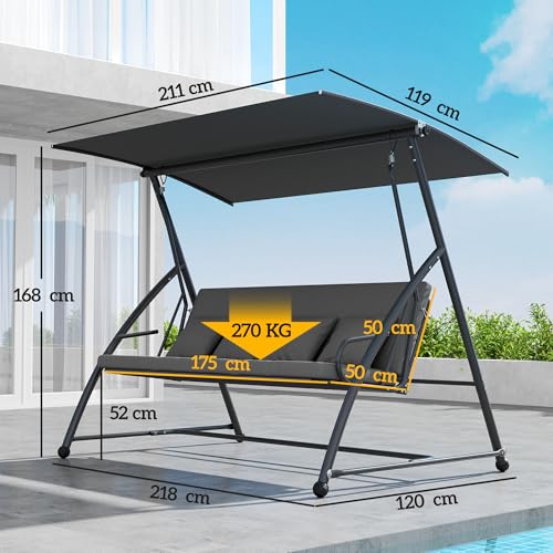 Outsunny Outdoor 2-in-1 Swing Chair Lounger 3 Seater Garden Swing Seat Bed Hammock Bed Convertible Tilt Canopy W/Cushion, Dark Grey - Image 6