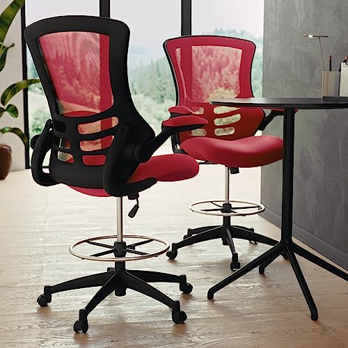 Image of Flash Furniture Kelista Mid-Back Swivel Office Chair with Adjustable Seat Height, Ergonomic Mesh Desk Chair with Flip-Up Armrests, Red