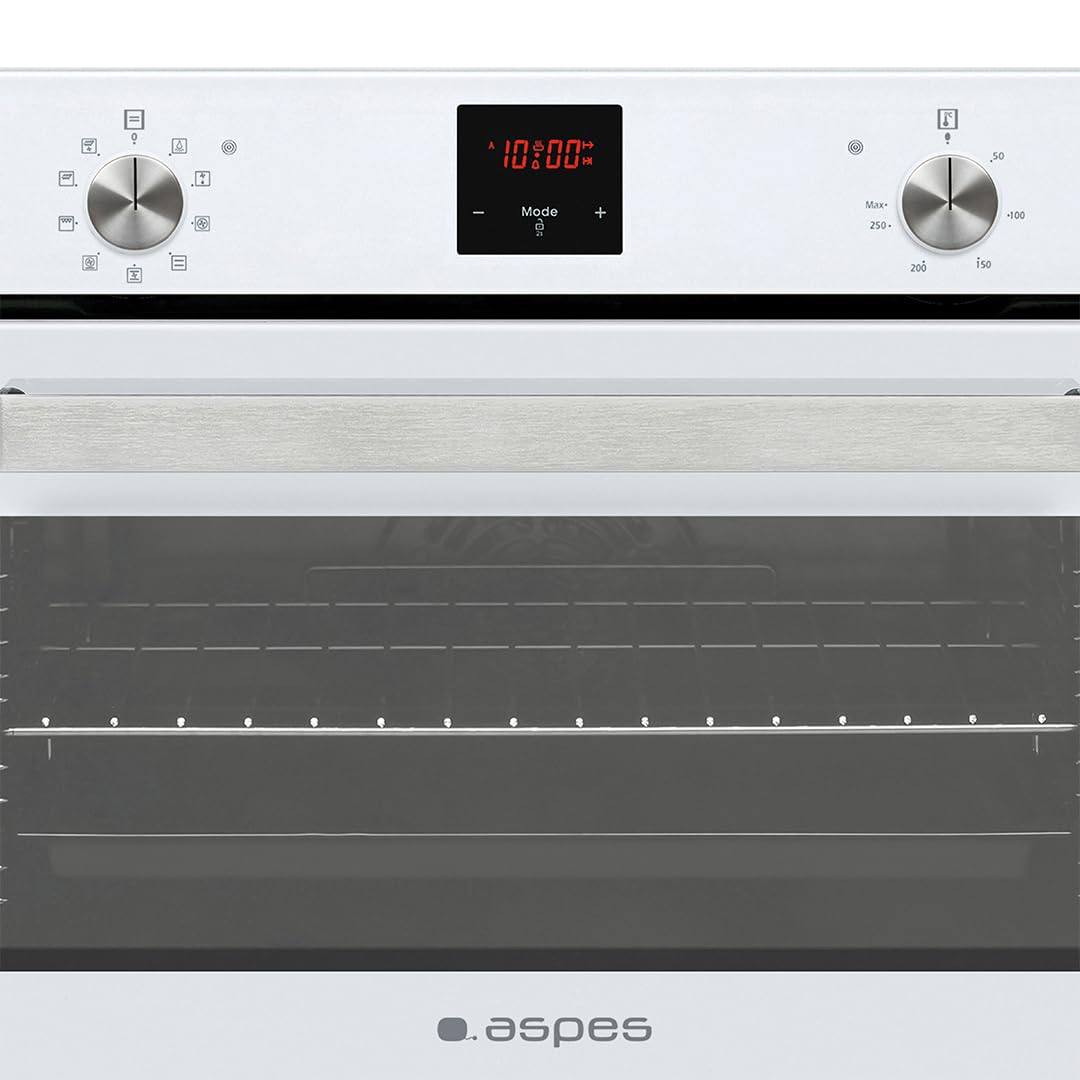 Aspes Horno Multifunción con Ventilador Cristal blanco AHM9500DCB. Capacidad 50 Litros, 1200W, 9 Programas, Interior Esmaltado, Fácil Limpieza, Display LED Manual, Eficiencia Energética Clase A