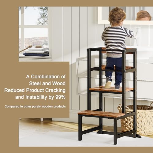 Image of INNOD Kitchen Step Stool for Toddlers, Height Adjustable Toddler Tower with Safety Rail, Steel and Wood Toddler Kitchen Stool Helper Kids, Stool for Kids, Learning Tower, Kids' Desk Brown