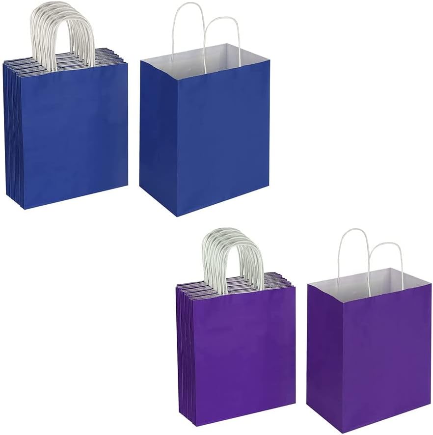 Oikss Each 50 Pack Medium Blue & Purple Kraft Paper Gift Bags with Handles Bulk