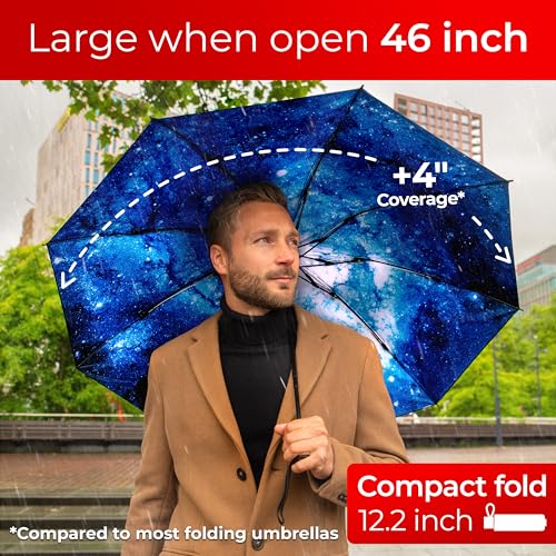 TUMELLA Flip-proof Inverted Travel Umbrella, Small Strong but Light Portable and Automatic Reverse Folding Rain Umbrella, Durable Premium Grip, Fits Car & Backpack