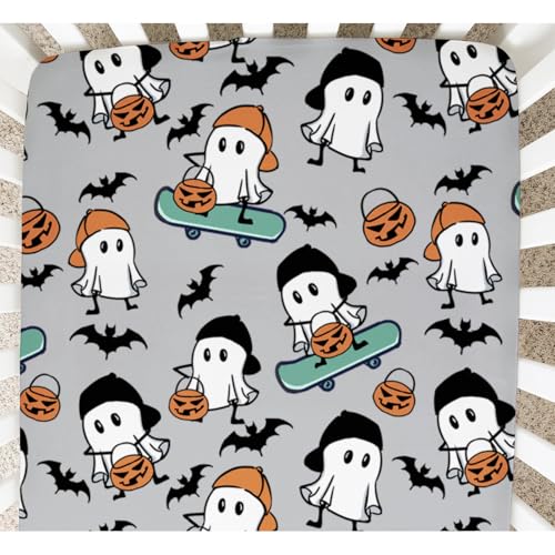 Image of Halloween Crib Sheets for Boys Girls Cute Bat Pumpkin Goth Fitted Crib Sheet for Standard Crib & Toddler Mattress Black Crib Sheet Neutral Crib Mattress Sheet Soft Stretchy Halloween Gothic Bedding