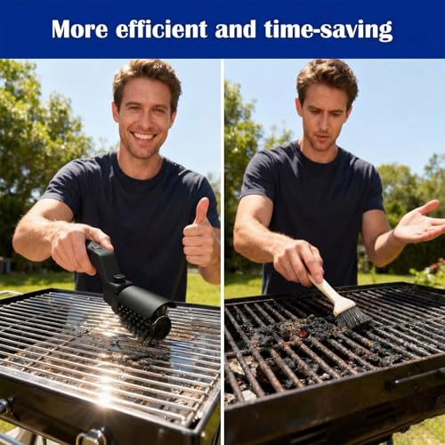 Elektrische Grillbürste Akkubetrieben – 180° Verstellbarer Kopf, 3-Stufen-Motor, 90 Min Laufzeit, Wasserdicht, Edelstahl & Nylon Bürstenköpfe für Grillrost, Smoker, Grillplatte (Schwarz)