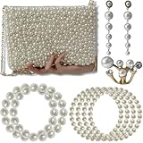 Geiomoo Pearl Purses with Chain, Stacking Rings, Long Tassel Fringe Earrings, Crossbody Beaded Evening Shoulder Bag Sparkly Handbags for Women (White)
