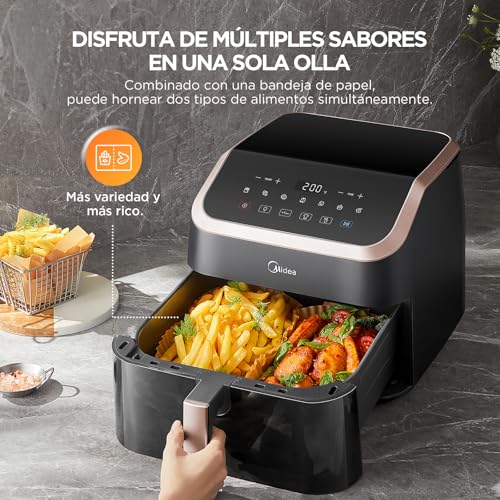 Midea Freidora de Aire XXL Air Fryer sin Aceite 8,5L, 8 en 1 con Ventana Transparente, Cámaras Extraanchas, máx. 200 °C, Temperatura y Tiempo Regulables, Apta para Lavavajillas - imagen 3
