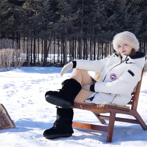 Black White Fur Boots, Furry Fuzzy Snow Boots for Women with Faux Fur Lined Non-Slip Lace-up Mid-Calf Ski Boots 20253