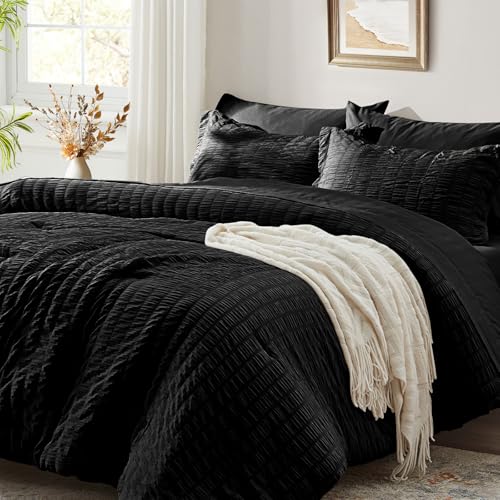 Image of Zzlpp Black Queen Comforter Set 7 pieces, Seersucker Bed in a Bag with Comforter and Sheets, All Season Bedding Sets with 1 Comforter, 2 Pillow Shams, 2 Pillowcases, 1 Flat Sheet, 1 Fitted Sheet