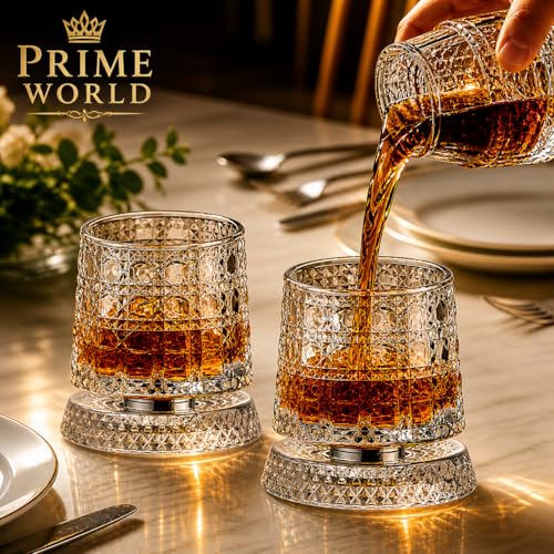 Image of PrimeWorld Diamond Dancing Whiskey Glass Set of 2 Pcs with Rotable Bottom- Spining Glasses-375 ml Bar Glass for Drinking Bourbon, Whisky, Scotch, Cocktails, Cognac- Old Fashioned Tumblers