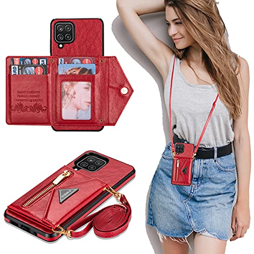 Samsung A12 Crossbody Wallet Case for Women/Girl,Lanyard Card Holder Zipper Phone Purse Case with Strap Pouch Magnetic Galaxy A12 Flip Folio Protective Back Cover Small Crossbody Phone Bag Red