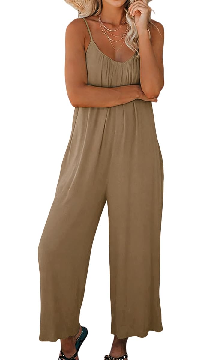 Mono Peto Suelto De Mujer Verano Tirantes Finos Ropa Pierna Ancha Con Bolsillos Casual Color Sólido Playa Pantalón Peto Mujer Monos Pantalones Palazzo con Bolsillos Casual Jumpsuit