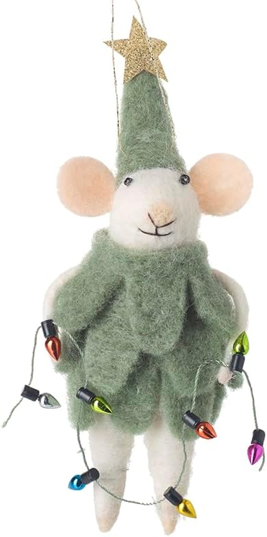 Felt Mouse in Tree Outfit with Fairy Lights Hanging Christmas Decoration - 17cm - Christmas Tree Decoration - Christmas Decoration For Home Festive Christmas Decor Gift Idea for Christmas