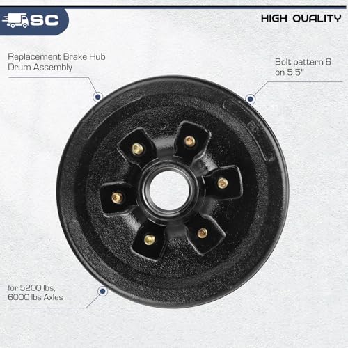 Image of 12 inch x 2 inch Trailer Brake Drum Kit, 6-Hole, 5.5 inch Bolt Circle Brake Drum for 5200 lb, 6000 lb Axles, Replacement Brake Hub Drum Assembly for Rvs, Trailer and Semi Truck