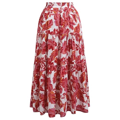 CHICWISH Women Tropical Floral Print Maxi Skirt Elastic Waist Summer Pleated Flowy Casual Vacation Hawaiian Long Skirt3