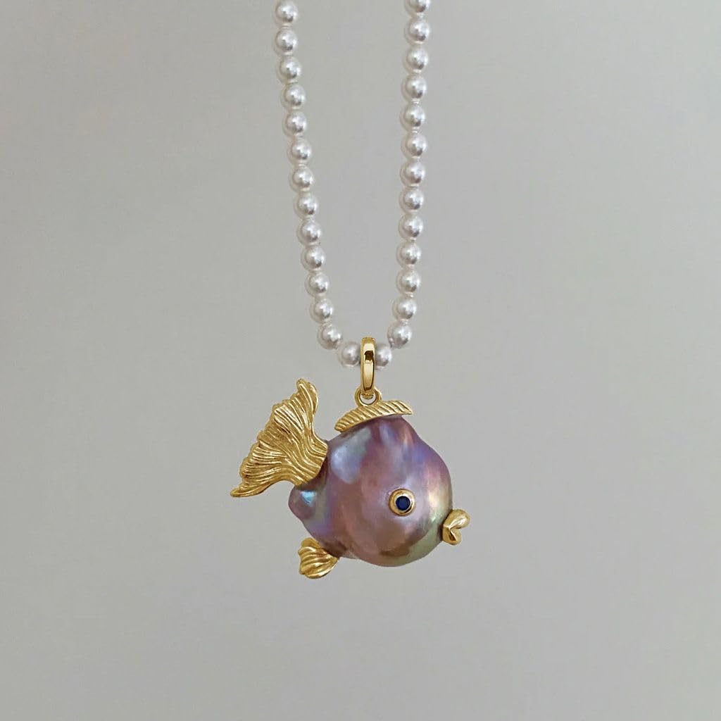 Hi Pearl Pesce 14 mm perle d'acqua dolce ciondolo collana per donna animale pesce bacio collana ciondolo gioielli regalo per donne ragazze (sigillo)
