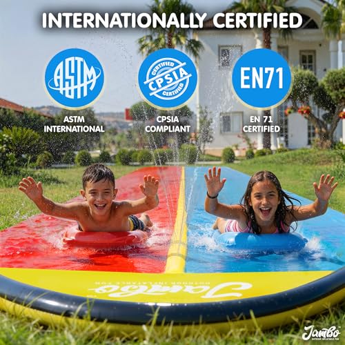 Image of JAMBO 22ft Double Lane Slip Splash and Slide with 2 Bodyboards with Built in Sprinkler for Backyard Outdoor Water Fun for Kids