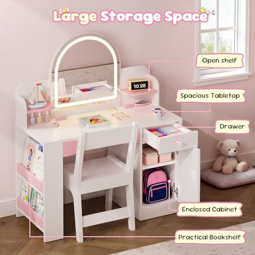 Image of Teckid Kids Vanity Set with Chair and Lights, 2 in 1 Princess Makeup Desk, Toddler Vanity Table with Lighted Mirror, Open Bookshelf, Shelves, Drawers and Storage Cabinet for Little Girls (White)