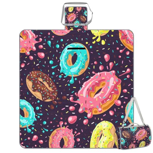 Shimoshe Picnic Blankets 57”x 59”, Colorful Glazed Donut Waterproof Sandproof Picnic Mat Lightweight Foldable Beach Blanket for Camping Park Grass Beach Outdoor Blanket
