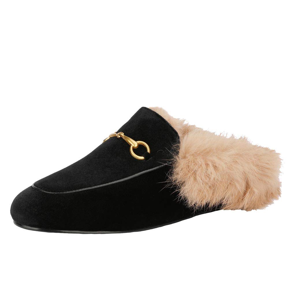 Arqa Fur Mules for Women Comfortable Leather Buckle Mule Flats Furry Padded Backless Loafers Casual Slides Shoes