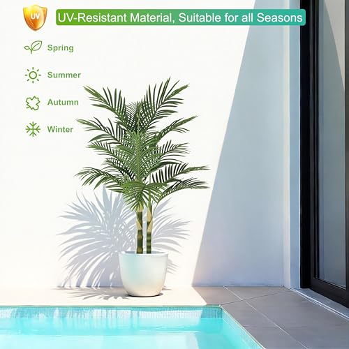 Image of Nafresh 5ft Ultra-Full UV Resistant Fake Golden Cane Palm Tree with Double Trunks, 60in Tall Artificial Palm Tree Indoor Outdoor, Faux Palm Plant for Living Room Home Office Patio Garden Decor