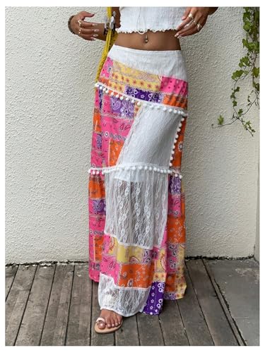 GORGLITTER Women's Lace Patchwork Boho Maxi Skirt Floral Paisley Pompom A Line Peasant Renaissance Skirts4