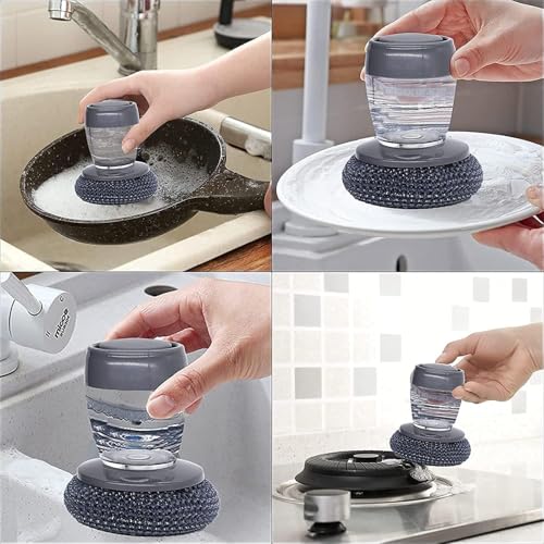 Image of nestax appliancesDish Washer Brush with Push Soap Dispenser, Palm Grip Dish Scrubber with Steel Scouring Pad for Kitchen Tools (Multicolor | Pack of 1)
