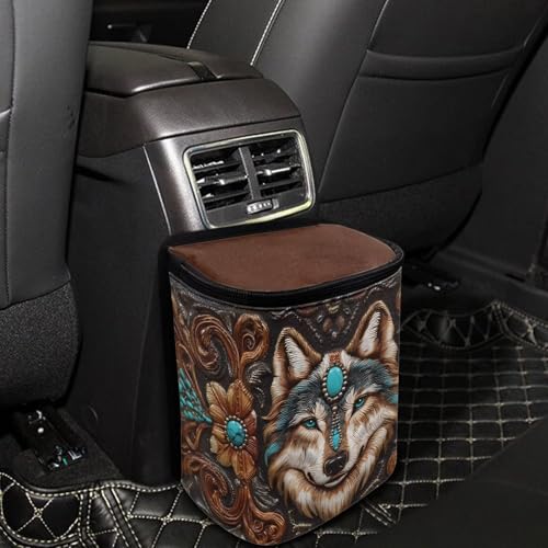 Image of Talayituse Vintage Brown Wolf Print Car Trash Bin, Large Size Auto Trash Can Adjustable Portable Garbage Can with Lid, Vehicle Hanging Bag for Headrest Front Back Seat