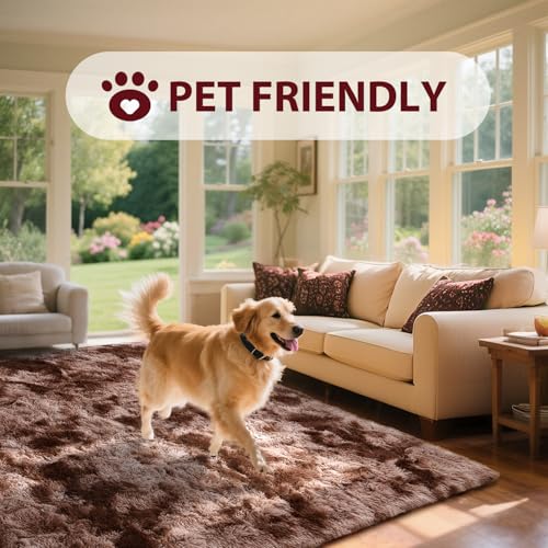 5x8 Brown Rugs for Living Room Fluffy Fur Bedroom Area Rug,Rustic Plush Non-Slip Dark Carpet for Book Room Office,Coffee Stain Resistant
