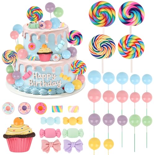 Atiloy 33PCS Candyland Cupcakes Toppers Candy Cake Topper with Donut