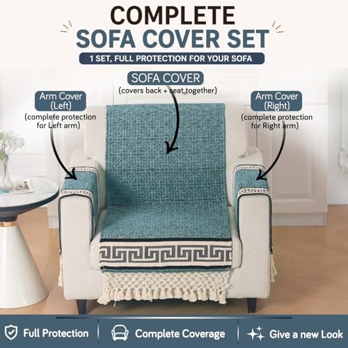 Image of HOKIPO 'Imperial Tassel Series' Thick & Soft Chenille Jacquard Sofa Cover 1 Seater Set for Seat, Back & Arms with Tassels, Muted Turquiose (IN-1009 + IN-1012-I7*2)