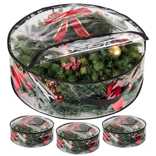 Paquete De 3 Bolsas De Almacenamiento Transparentes Para Coronas Y Guirnaldas De Navidad, Impermeables, Decoración Navideña, Adornos De Navidad, Bolsas De Almacenamiento Con Cremalleras Y Asa