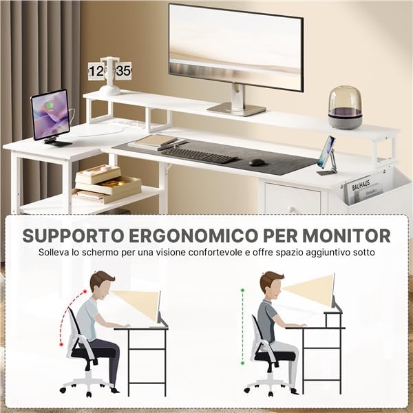 Diagram illustrating proper ergonomic posture with a monitor placed on the elevated stand, showing reduced neck strain.