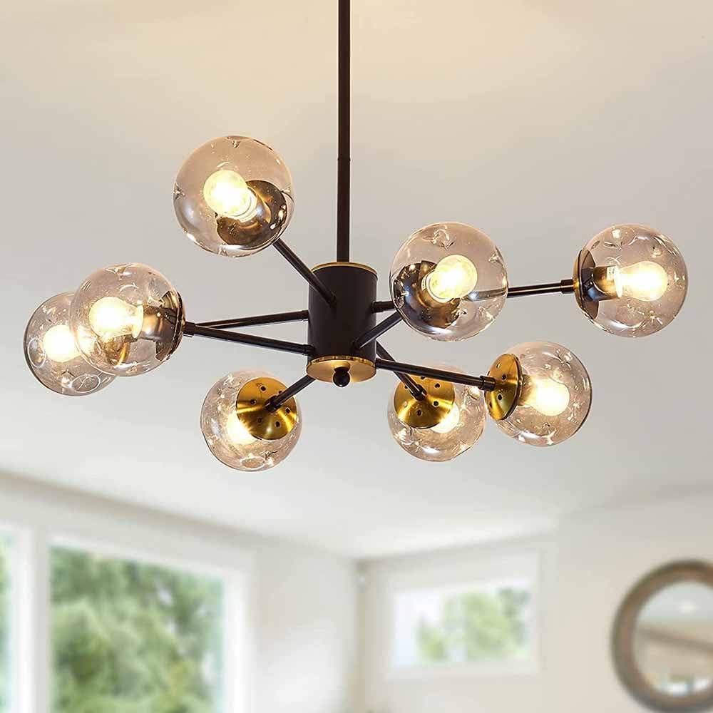 Suspension Moderne 8 lumières en métal noir et globes en verre transparent E27