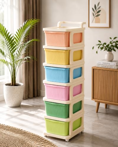 Image of Heavy Duty Plastic Storage Drawer with Wheels | Modular Cabinet for Bedroom, Office, Home or Classroom| Chest of Drawers Organiser for Cosmetics, Kitchen items, Toys (Multicolor, 6)