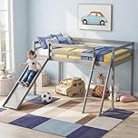 Panana Mid Sleeper with Slide,Solid Wooden Single Loft Bed Frame 3FT Cabin Bed,Space Saving (Grey, Stair+Slide Style)