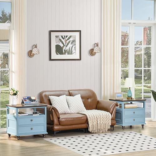 Farmhouse Nightstand Set of 2 with Charging Station 24 Wide End Table with 2 DrawersLight Blue Dresser Cabinet for BedroomBed Side Table Chest of DrawersNight Stand for Living Room