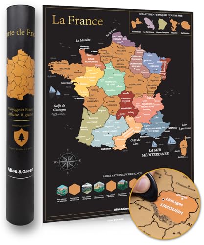 Atlante e mappa da grattare verde della Francia – Mappa da grattare deluxe della Francia con tutti i dipartimenti – Grande (59,4 x 42 cm) – Mappa da gratare dei luoghi visitati – Poster di viaggio